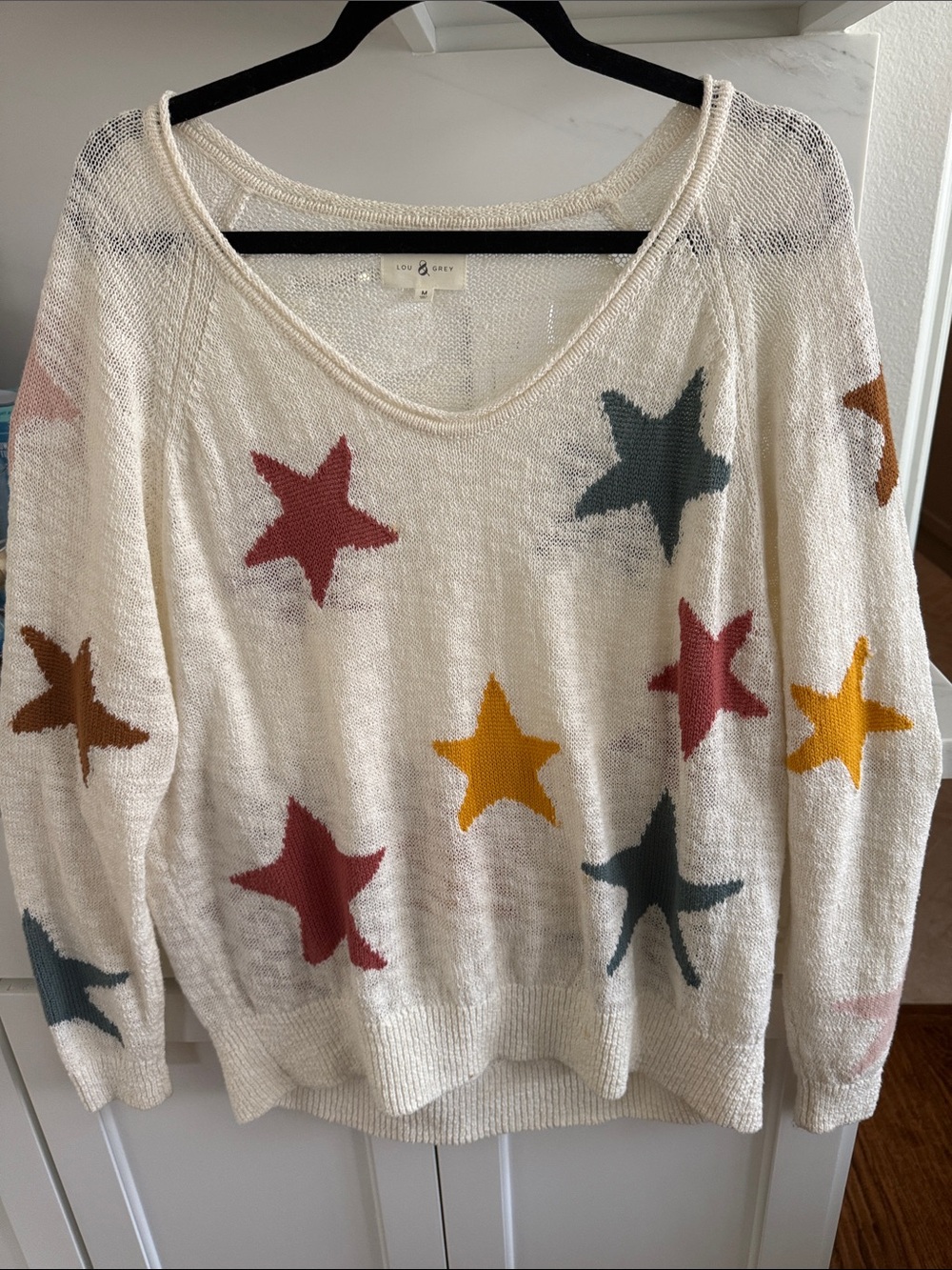 Lou & Grey Cream V-Neck Sweater with Mustard, Rust, Teal & Rose Stars